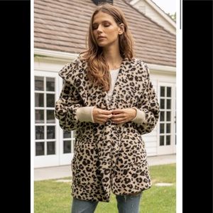 Leopard Print Sherpa Fleece Open Hooded Jacket